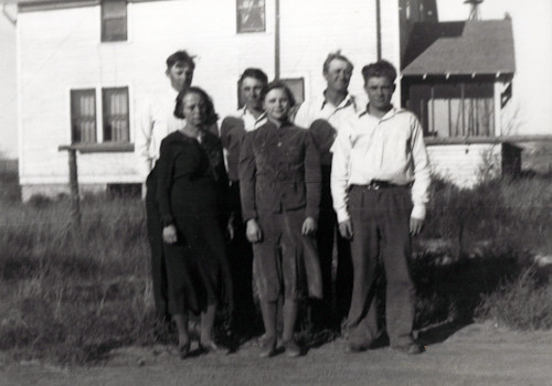 Back row: Elmer, George, and Frank Watters. Front row: Mae, Helen Louise, and Earl Watters.